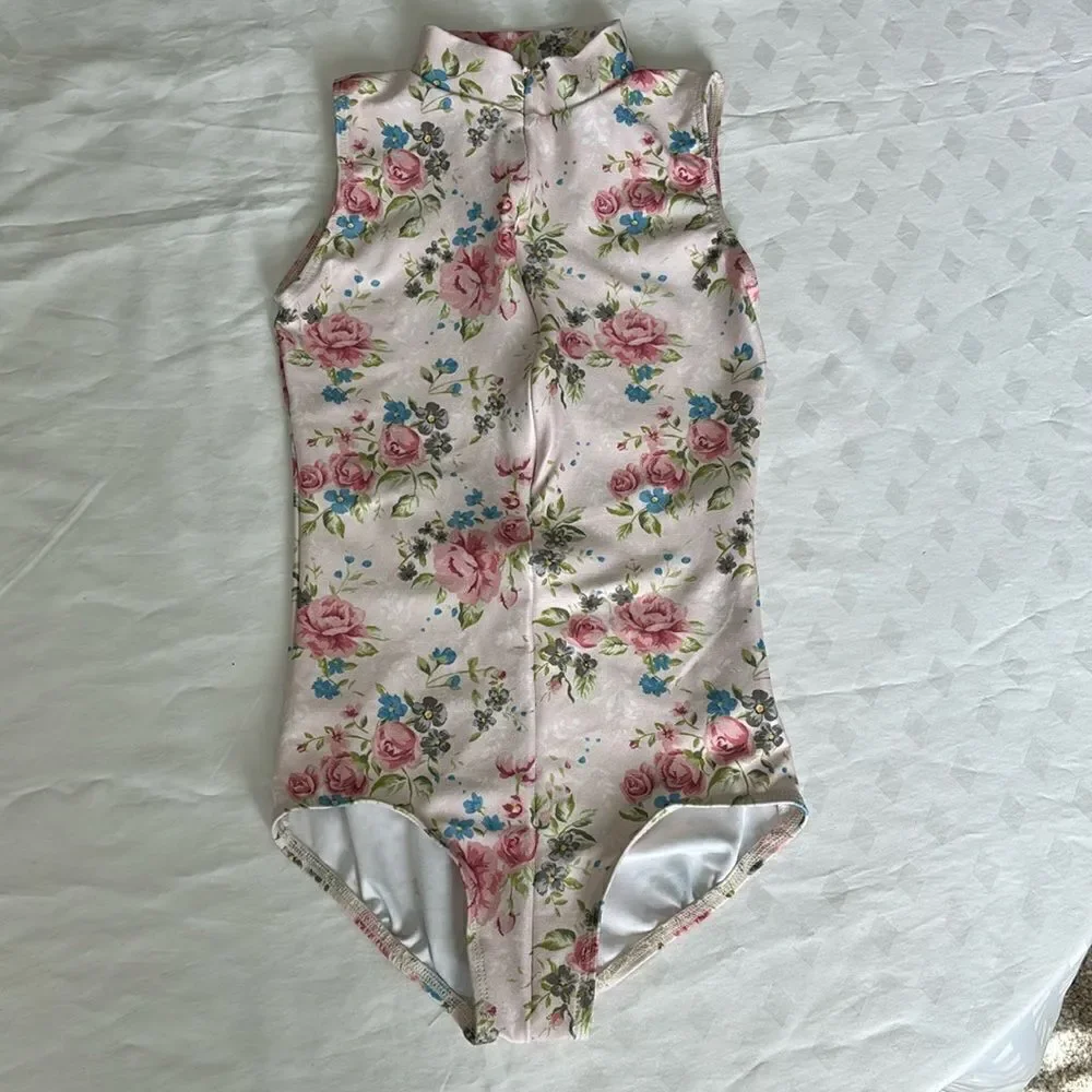 EUC Ainsleiewear Zip Front Floral Leotard sz girls XL